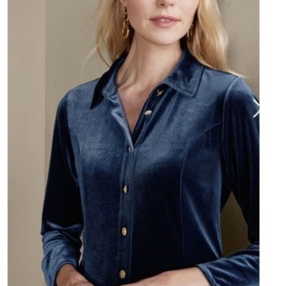 Soft Surroundings Women’s Midnight Blue Velvet Button Down Blouse Gold Buttons